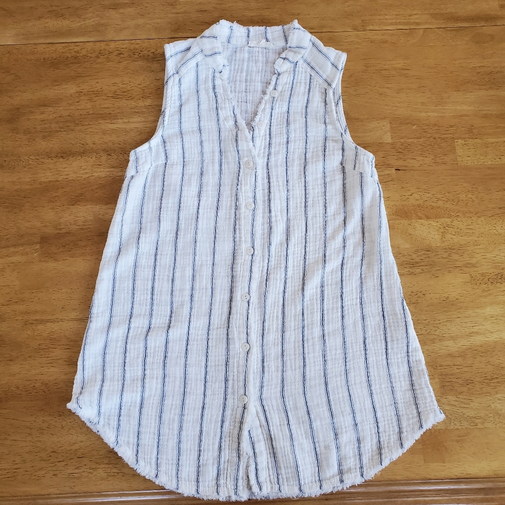 Mystree 100% Cotton Guaze Tunic Length Tank V-Neck Buttondown Pinstripe